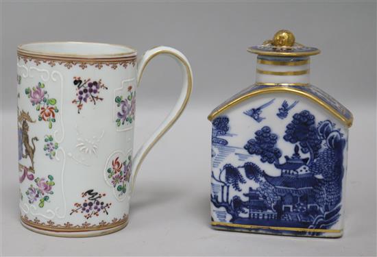 A Chinese export blue and white tea caddy and a Samson mug